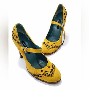 Marc Jacobs Saffron Suede Mary Jane Heels with Leopard Accent